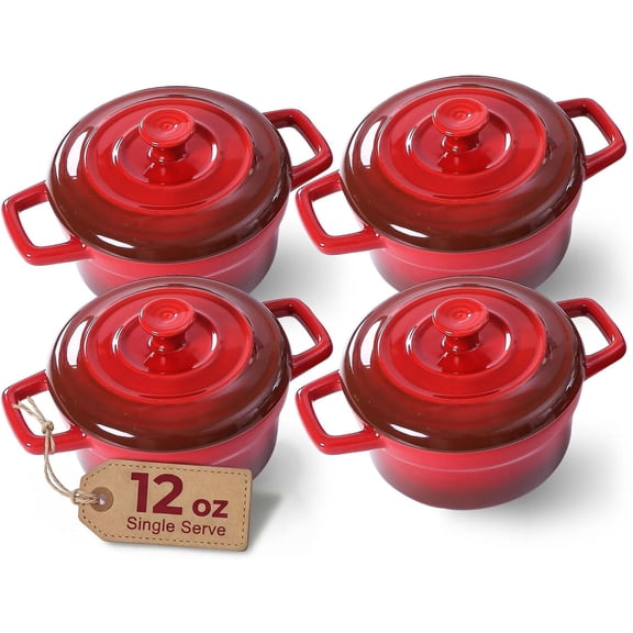 Mini Cocotte 12oz Ceramic Casserole Dish with Lid Set of 4 Red