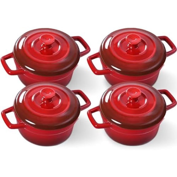 Mini Cocotte - 12oz Ceramic Casserole Dishes - Kitchen Casserole Sets With Handles And Lid - Small Baking Ramekins - Oven, Microwave & Dishwasher Safe - Set of 4 - Red