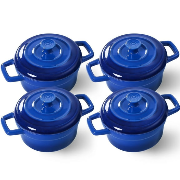 Mini Cocotte - 12oz Ceramic Casserole Dishes - Kitchen Casserole Sets With Handles And Lid - Small Baking Ramekins - Oven, Microwave & Dishwasher Safe - Set of 4 - Red