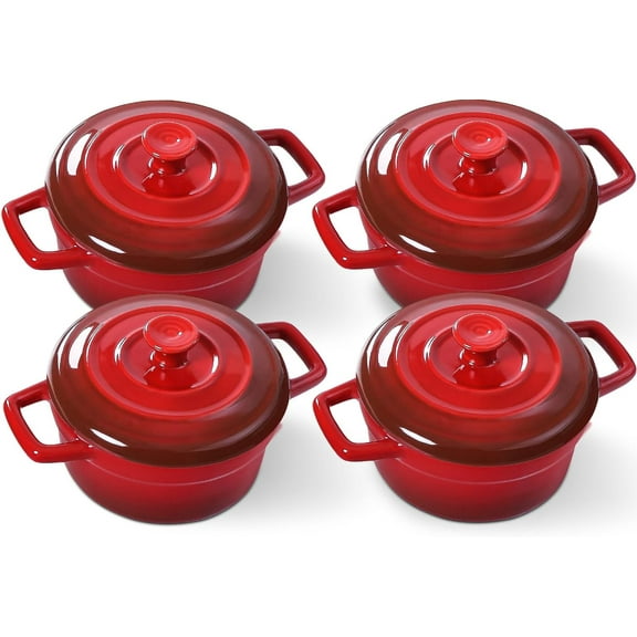 Mini Cocotte - 12oz Ceramic Casserole Dishes - Kitchen Casserole Sets With Handles And Lid - Small Baking Ramekins - Oven, Microwave & Dishwasher Safe - Set of 4 - Red
