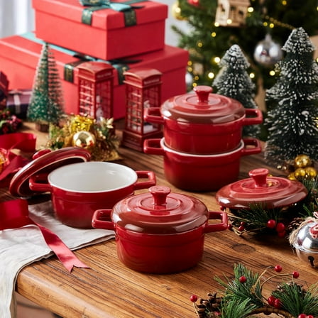 Mini Cocotte 12oz Ceramic Casserole Set - Oven, Microwave & Dishwasher Safe - Red - 4 Pieces