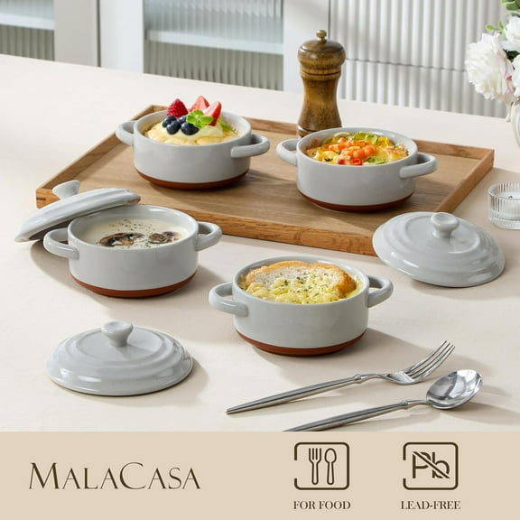 Mini Cocotte Set - 12 OZ Ramekins with Lids and Handles, Small Casserole Dishes for Oven, Ceramic Small Baking Dish Set of 4, Microwave & Dishwasher Safe, Khaki Grey, Series TARA