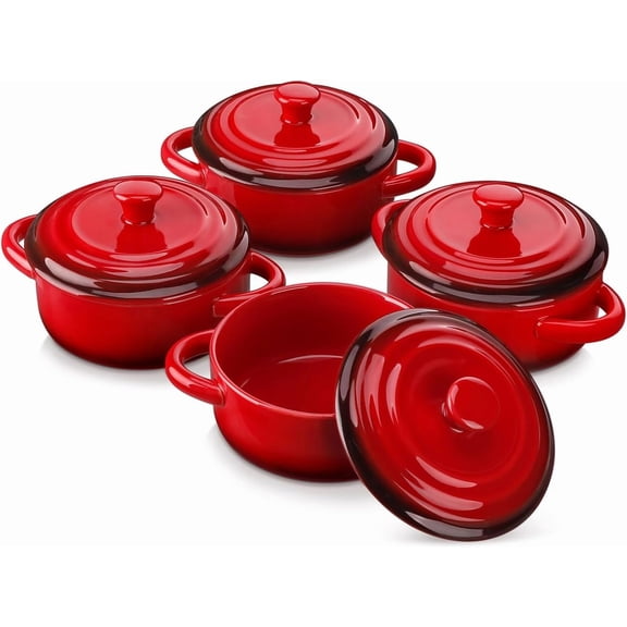 Mini Cocotte Set,12 OZ Small Casserole Dishes with Lids, Soup Bowls With Handles,Individual Baking Ramekins,Oven, Microwave & Dishwasher Safe,Set of 4,Red