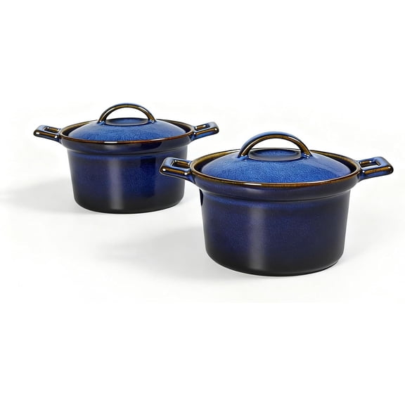 Mini Cocotte Set, Ceramic Serving Tureen, Blue, 16.9 OZ, Set of 2 | Small Casserole Dishes with & Handle, Mini Dutch Oven, Individual Baking Ramekins, Oven & Microwave Safe