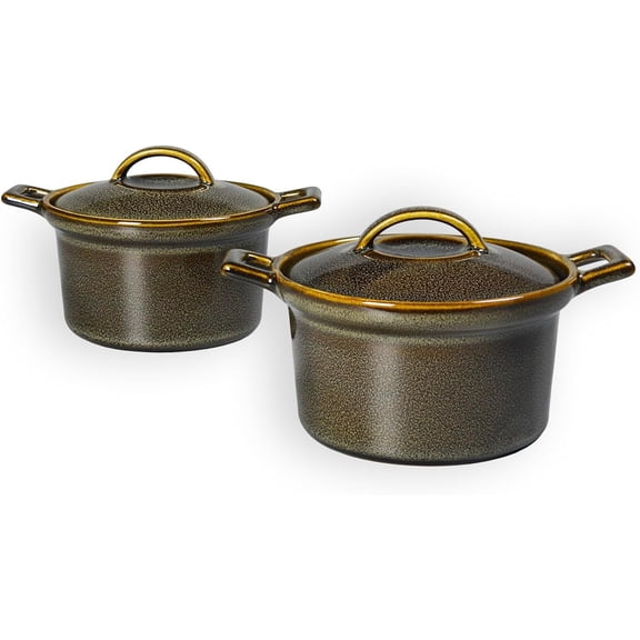 Mini Cocotte Set, Small Casserole Dishes with  & Handle, 16.9 OZ Ceramic Mini Dutch Set of 2, Individual Baking Ramekins for Lasagna, Souffle, Soup Tureen, Oven Microwave Safe, Brown