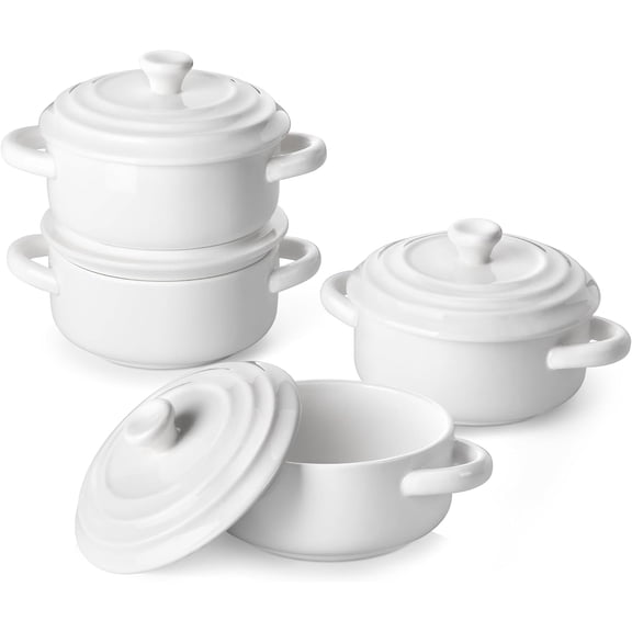 Mini Cocotte Set of 4 14 oz Ceramic Casserole Dishes with Lids and Handles, Oven Microwave and Dishwasher Safe, White Bestseling