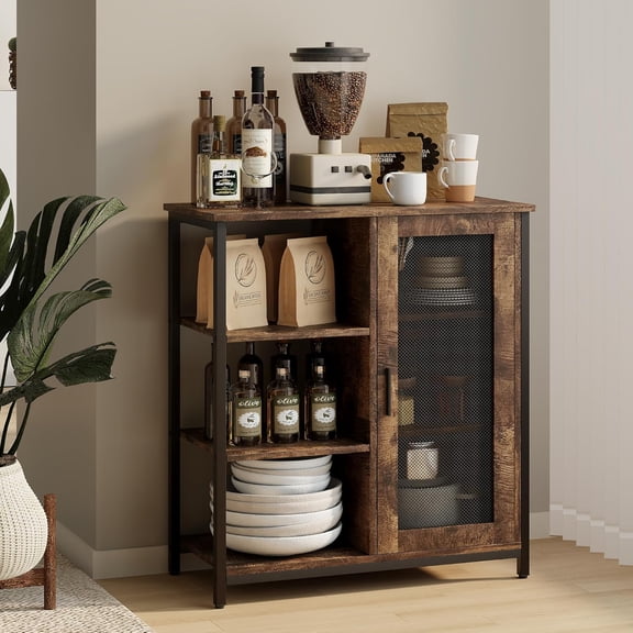 Mini Coffee Bar Cabinet for Home Kitchen, 27.5'' Coffee Stand Station with Adjustable Shelves & Door, Farmhouse Sideboard Buffet for Small Space, Dining Room, Living Room, Industrial Brown