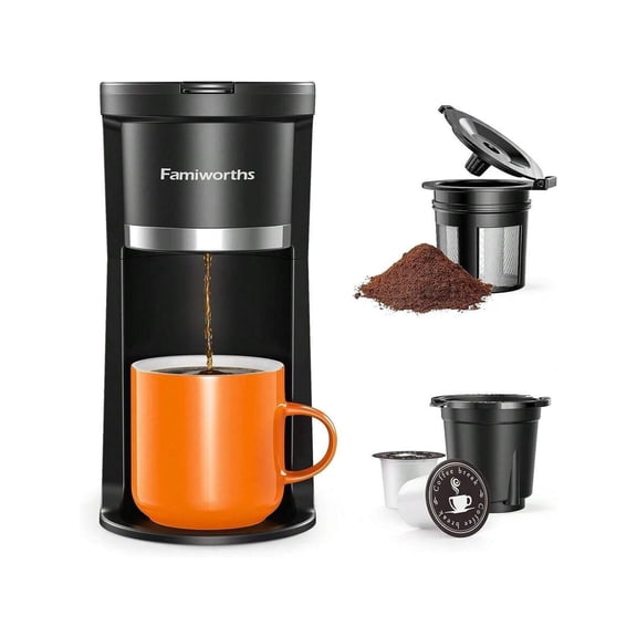 Mini Coffee Maker Single Serve, Instant Coffee Maker One Cup For K Cup & Ground Coffee, 6 To 12 Oz Brew Sizes, Capsule Coffee Machine With Water Window And Descaling Reminder, Black