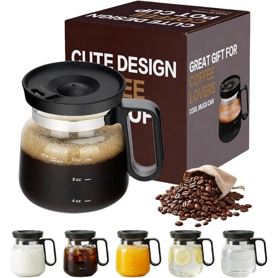 Mini Coffee Pot Mug, 16oz Glass Carafe with Spill Proof Lid, Clear Tea Cup for Travel, Funny Gifts for Coffee Lovers