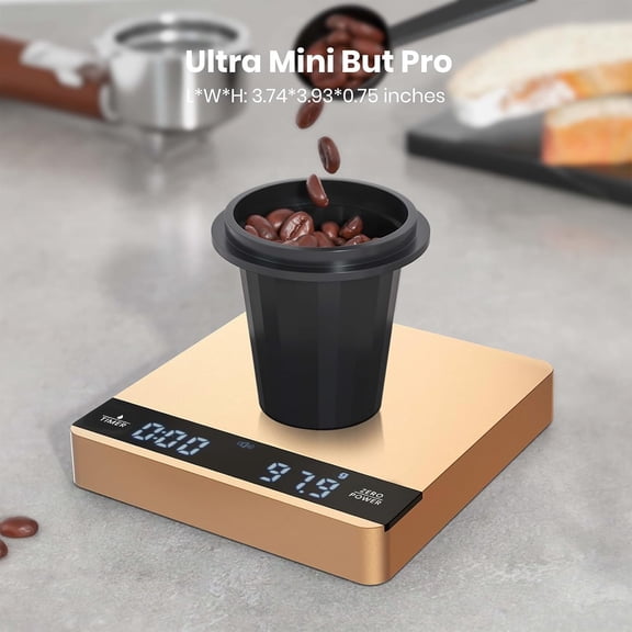 Mini Coffee Scale with Timer, Rechargeable Espresso Scale, 2kg/0.1g Accurate Scale for Espresso and Pour-Over Coffee, Portable Digital Kitchen Scale with Automatic Timing-Gold