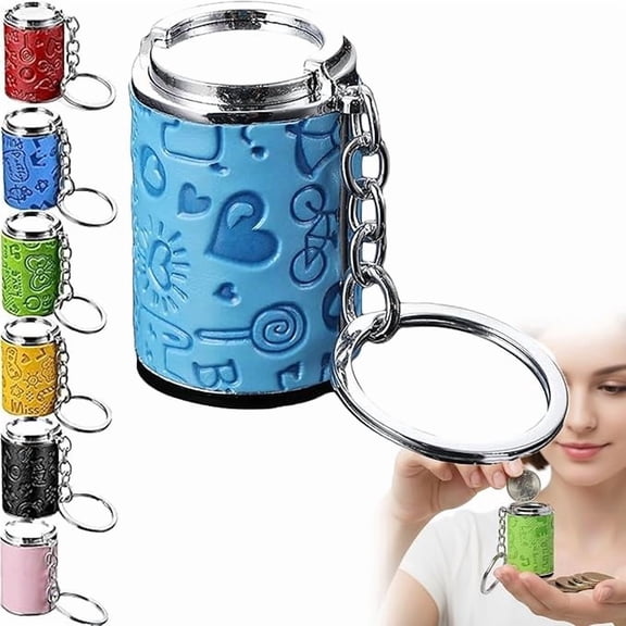 Mini Coin Bank Keychain with Spring Clip, 2-in-1 Leather Metal Change Organizer, Portable Fidget Token Holder for Backpack Belt Loop & Shopping (Blue-1pcs)