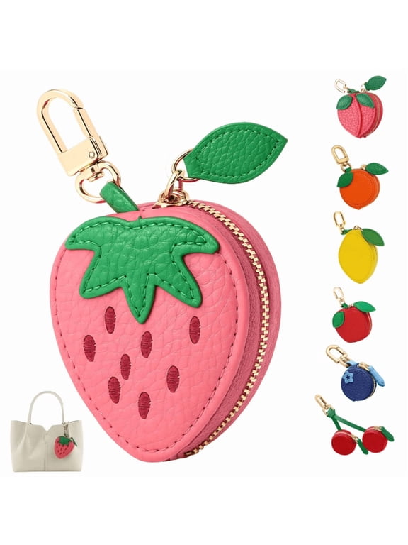 Mini Coin Keybag, Fruit Coin Purse Keychain, Purse Charms for handbags, Mini Cute Fruit Charm Leather Zipper for Wallet, Bag and Handbag Decor for Women
