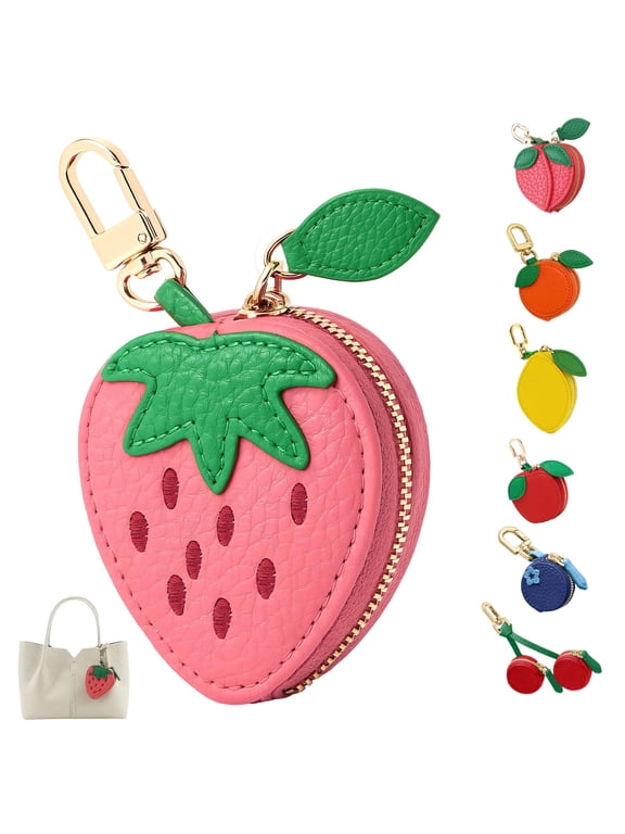 Mini Coin Keybag, Fruit Coin Purse Keychain, Purse Charms for handbags, Mini Cute Fruit Charm Leather Zipper for Wallet, Bag and Handbag Decor for Women