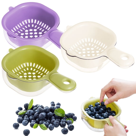 Mini Colander, Double-Layer Vegetable Washing Basket with Handle, Detachable Plastic Fruit Cleaning Bowl with Strainer, Hanging Fruit Strainer for Pasta Salad Berry, BeigeMini Colander