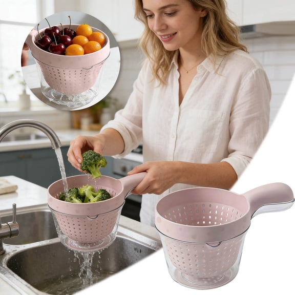 Mini Colander with Handle – 2 in 1 Double Layer Vegetable Washing & Fruit Strainer, Detachable Food Bowl for Berries Pasta, Space Saving Kitchen Colander with Transparent Outer Bowl (1PC)