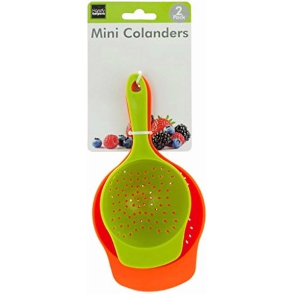 Mini Colanders Set 2 Plastic Pack Kitchen Mesh Food Strainers Colander Handles Red Lime Green 6.5 and 7.5 Inch Strainer For Pasta Vegetables and Fruits