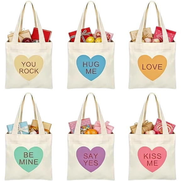 Mini Conversation Heart Canvas Bags – 6/12 PCS Valentine's Day Tote Heart Bags, Reusable Gift Goodie Bags for Women, Small Gift Bags for Chocolates, Jewelry, Cosmetics