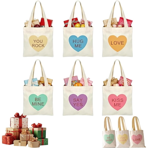 Mini Conversation Heart Canvas Bags - 6/12 Pack Reusable Valentine Gift Totes, Cute Heart Pattern Small Gift Bags for Women, Party Favors, Eco-Friendly