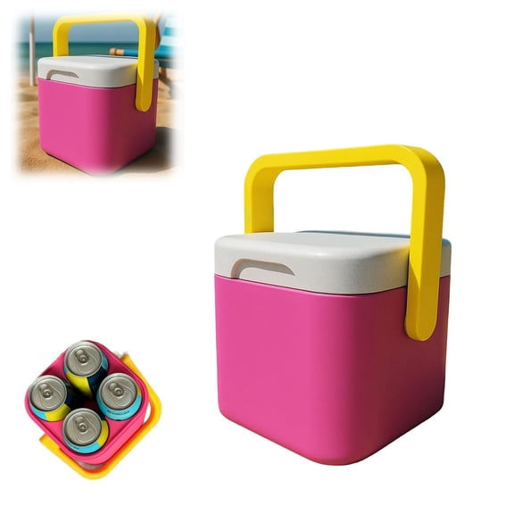 Mini Cooler for 4 Cans 6.3 Inch Retro, Portable Compact 4 Can Capacity Drink Cooling Box with Handle for Camping Party and Outdoor Picnic, Travel Cooler for Drinks, Backpacking and Camping
