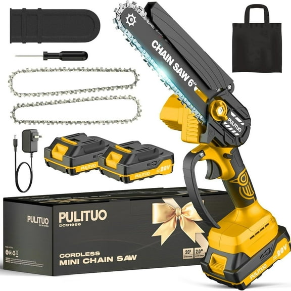 Mini Cordless Chainsaw 6-Inch, Electric Handheld Brushless Saw with 2 Batteries, Portable for Wood Cutting, Tree Trimming, Garden, Yard Work