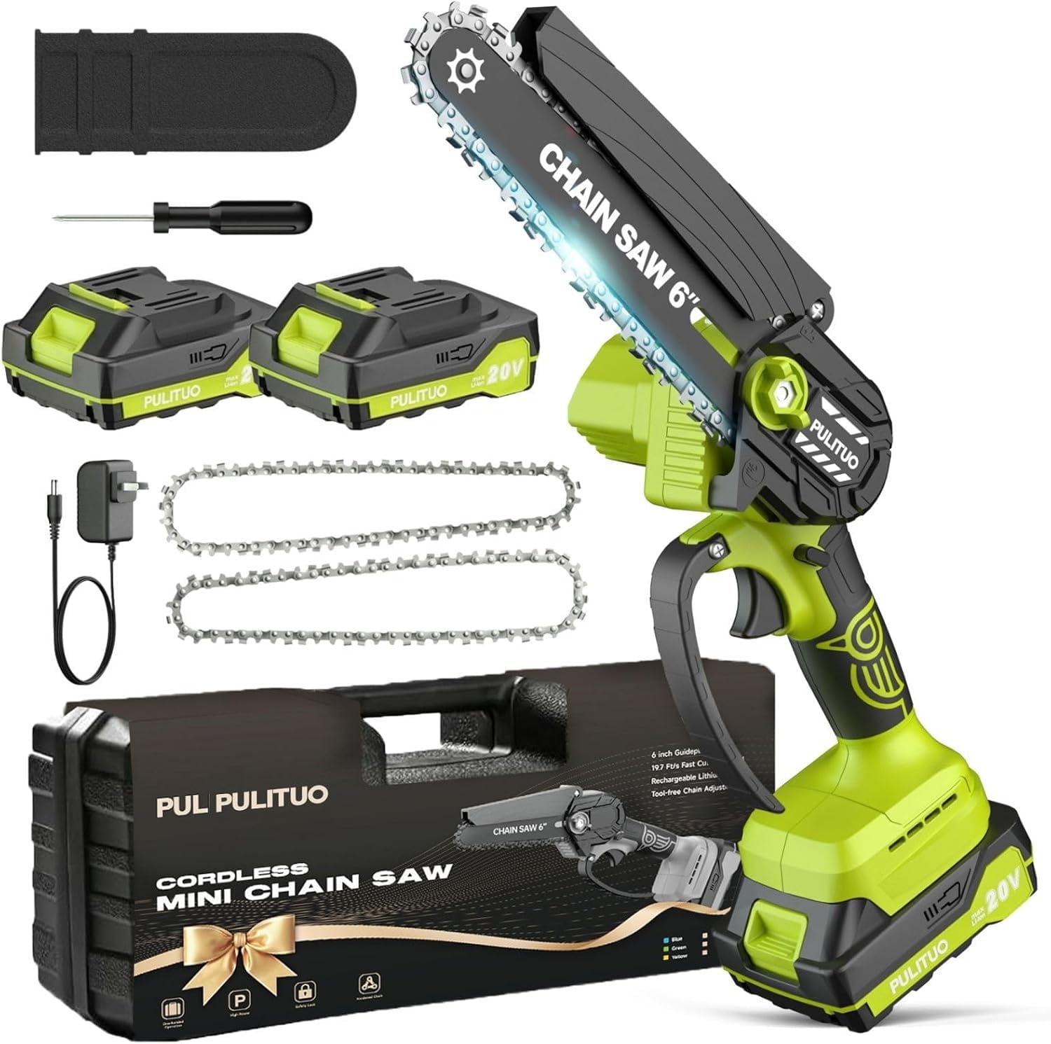 Mini Cordless Chainsaw 6-Inch, Electric Handheld Brushless Saw with 2 Batteries, Portable for Wood Cutting, Tree Trimming, Garden, Yard Work