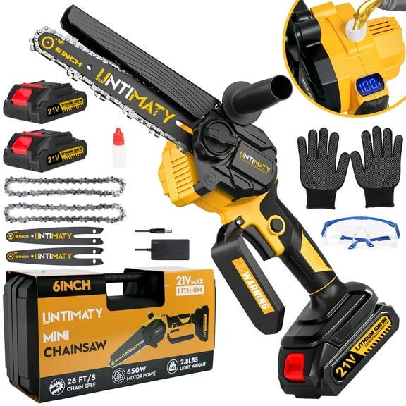 UNTIMATY Mini Cordless Chainsaw 6 inch Small Electric Chainsaw Battery Powered Hand Held Pruning Chainsaw for Wood Cutting and Tree Trimming, Yellow