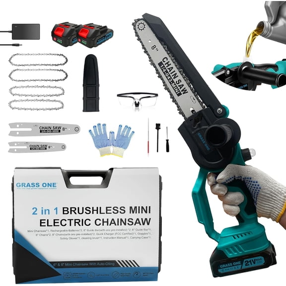 Mini Cordless Electric Chainsaw with 8 Inch and 6 Inch Bars, Dual Battery, Auto Oiler, Blue
