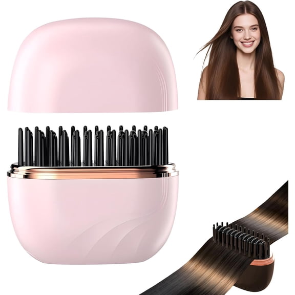 Mini Cordless Hair Straightener Comb, Portable Rechargeable Hair Straightener Brush, 3-Speed Temperature Control, Travel Hair Straightener for Women (Pink)