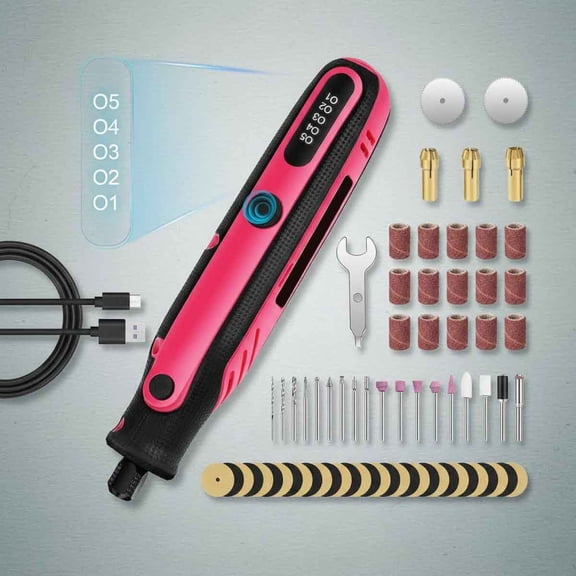 Mini Cordless Rotary Tool, 5-Speed Rotary Tool Kit with 69 Accessories, Power Rotary Tool for Cutting, Engraving, Sanding, Drilling, Polishing, Wood Carving or DIY Crafts (Pink)