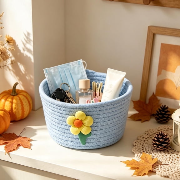 Mini Cotton Rope Floral Bin, 6" Soft Desktop Organizer for Holiday Sweets & Small Items, Cute Storage for Home & Office, Braided Woven Catchall for Vanity, Boho Neutral Texture, Light Blue
