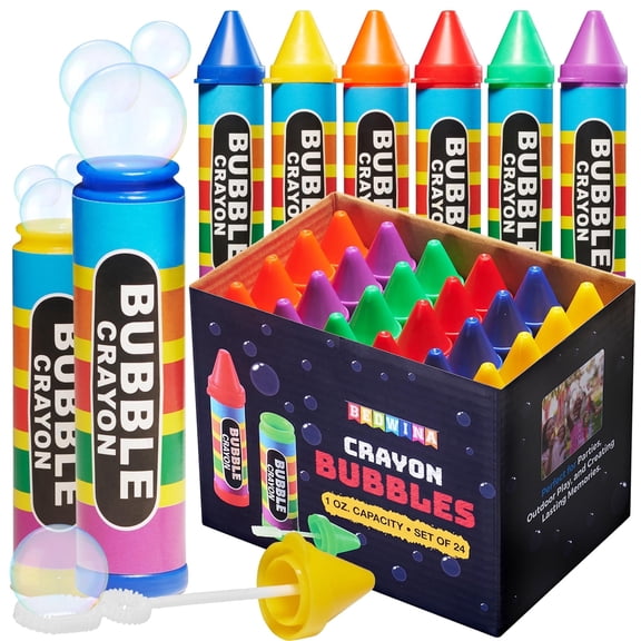 Mini Crayon Bubbles for Kids (Pack of 24) 1 Oz Bulk Bubbles for Kids & Bubble Wand Bottles in Assorted Crayons Shape Colors Non-Toxic Mini Bubbles Party Favors for Kids Outdoor Toys for Goodie Bags