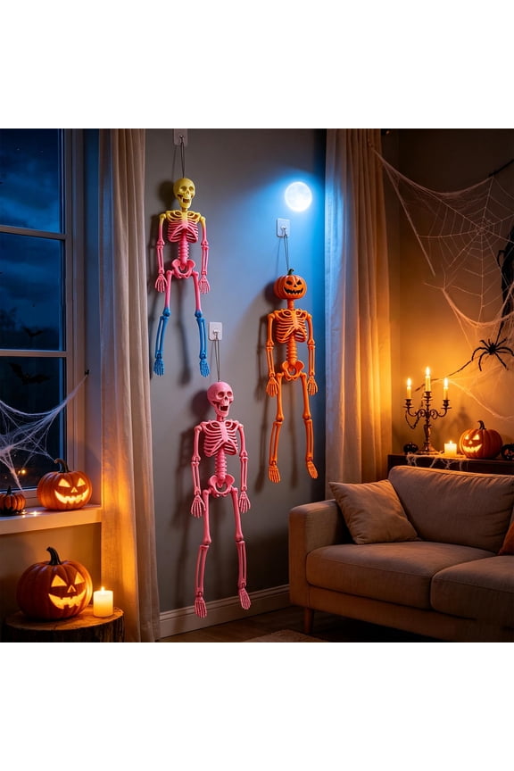 15.75" Simulated Skeleton Hanging Ornaments, Articulated Plastic Skeleton Pendant with Optional Pumpkin Skull Head, Spooky Halloween Wall Door Decor