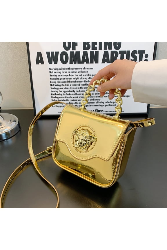 Mini Croc-Texture Crossbody Bag Gilded Medusa Logo PU Flap Magnetic Closure Chain Handle + Adjustable Strap for Daily Use