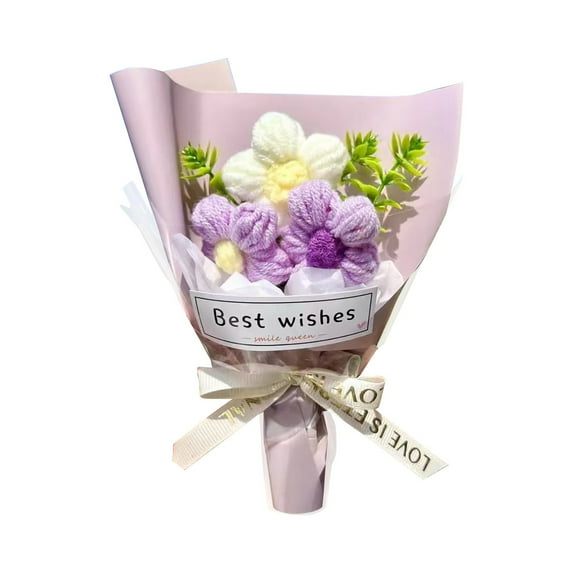 Mini Crochet Flowers Bouquet Kit for Girls Birthday Gifts for Daughter Friends Handmade Knitted Eternal Plush Flower Bouquet Crochet Bouquet Fake Bouquet Artificial Flowers Home Decor Purple 1PC 3.9"