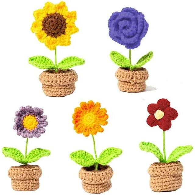 Mini Crochet Rose Potted Plant, Knit Faux Yarn Weaving Sunflower Daisy