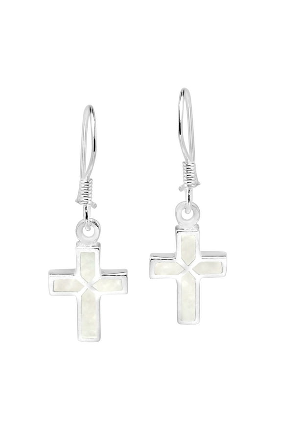 Mini Cross Inlaid White Mother of Pearl Sterling Silver Dangle Earrings