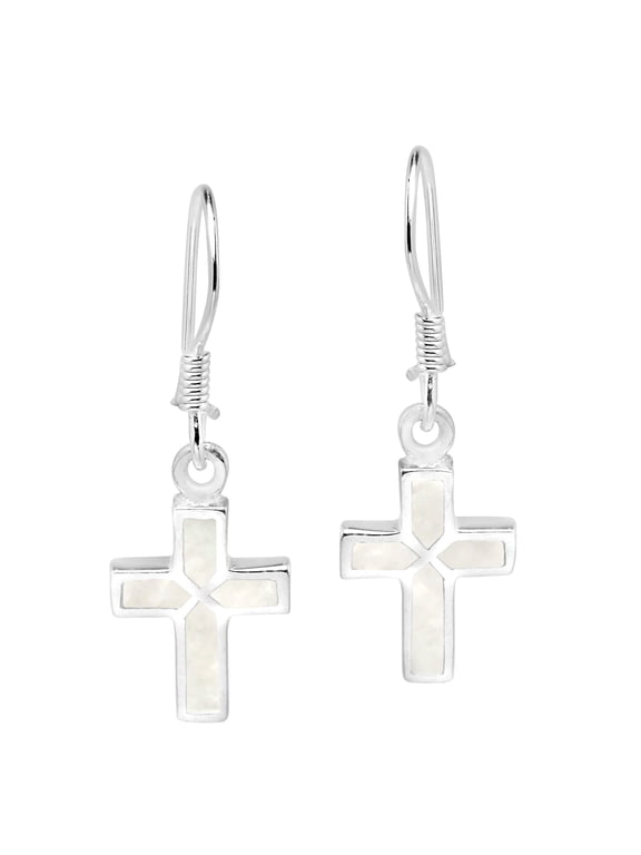 Mini Cross Inlaid White Mother of Pearl Sterling Silver Dangle Earrings