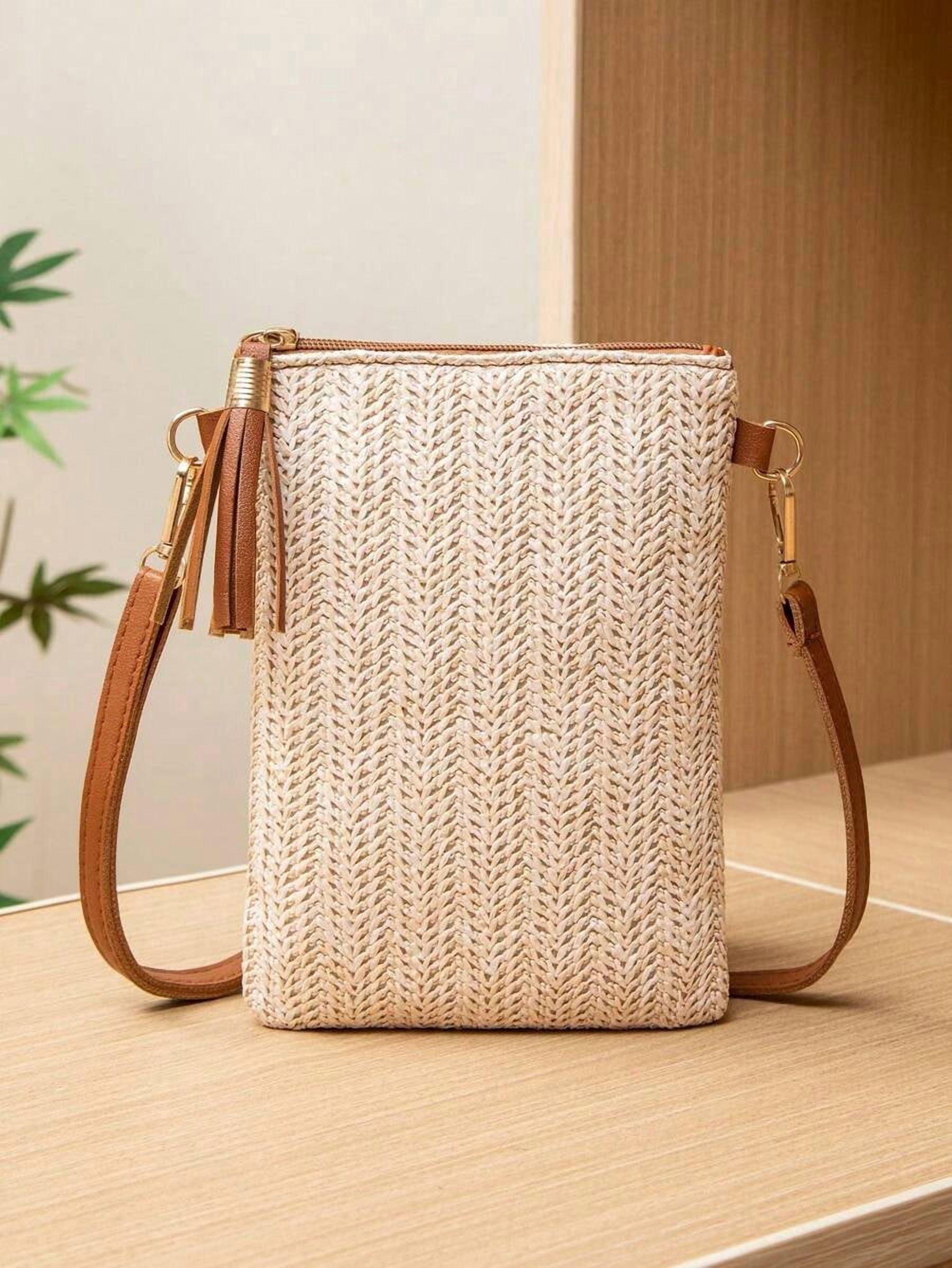 Mini Crossbody Bag For Women, Handwoven Cross-Body Bag, Solid Color Portable Handbag, French Casual Tassel Decor Bag, Large Capacity Multi-Function Zipper Shoulder Strap Bag, Travel Shopping Bag