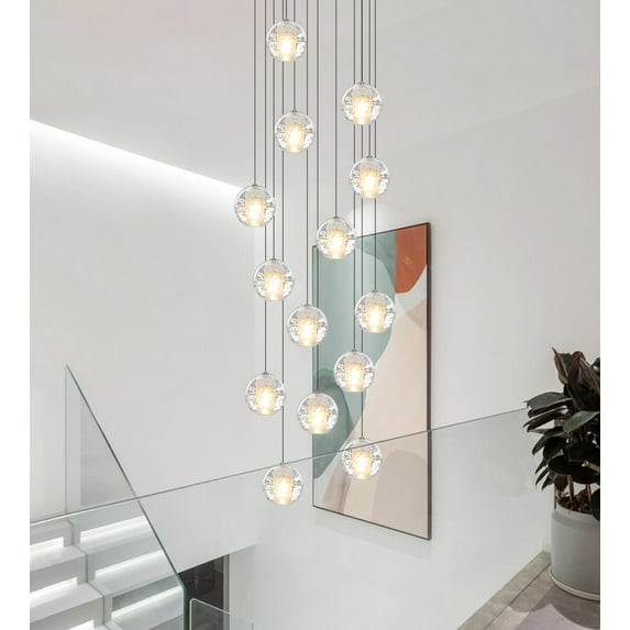 Mini Crystal Chandelier Modern Stairwell Chandelier LED Pendant Light Fixture for Living Dinning Room,Flush Mount High Ceiling Light Fixtures for Bedroom(LED Bulbs Included, 14 Lights)