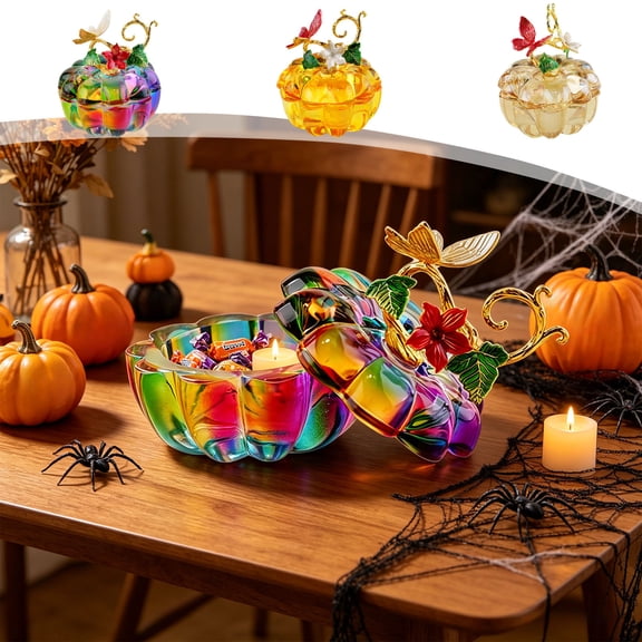 Mini Crystal Pumpkin Storage Jar with Lid, Transparent Glass Candy Snack Container, Multi Purpose Pen Holder Wash Cup Organizer for Thanksgiving Fall Home Office Desk Tabletop Decoration, B