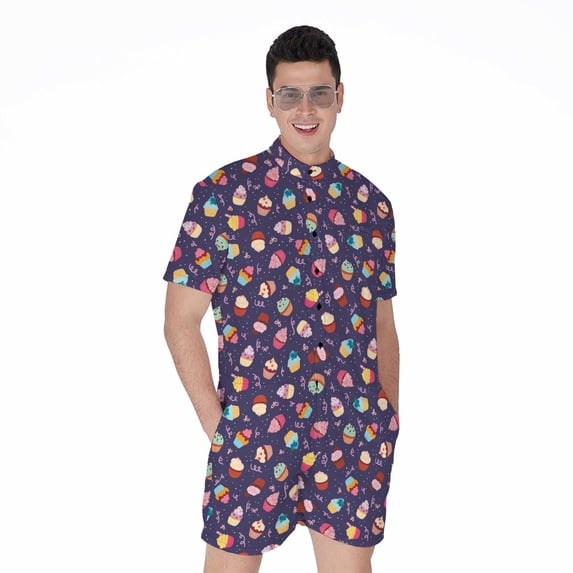 Mini Cupcake Pattern Short Sleeve Men'S Rompers Casual Summer Jumpsuits Outfit