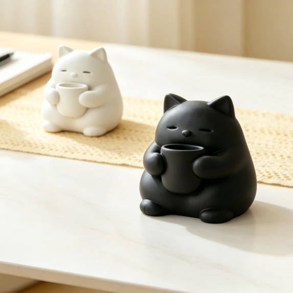 Tea Desktop Mini Cute Cat Figurine 3D Printed Drinking Tea Cat Statue Small Desktop ...