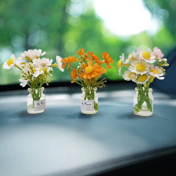 Mini Daisy Flower Car Decor Set of 3, Cute Dashboard Flower Vase Decorations, Glass Vase Car Interior Accessories for Women, Desk Shelf Home Decor