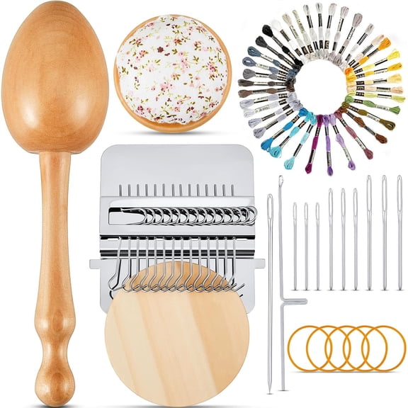 Mini Darning Egg for Socks 14 Hooks Small Speedweve Style Weaving Darning Loom with 9 Pcs Large Eye Needles 50 Colors Thread for Handcraft DIY Weaving Repair Tool