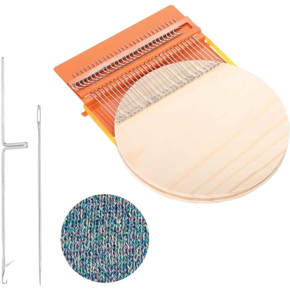 Mini Darning Loom, 28 Hooks Wood Weaving Knitting Machine with Knitting Needles for Repair Jeans Socks DIY Craft, Knit Patch Loom Weave Tool, Orange