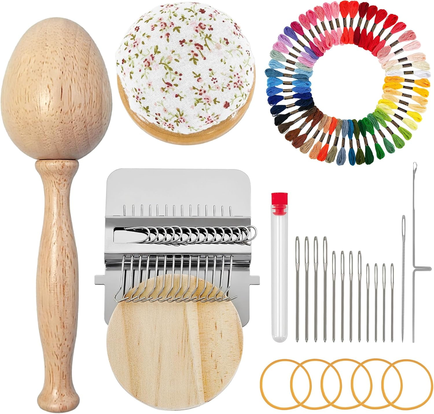 Mini Darning Loom,Egg Knit Patch Kit with 14 Hooks Small Weaving Loom 14 Pcs Large Eye Needles 50 Color Threads for Handcraft DIY Weaving Repair Tool for Beginners