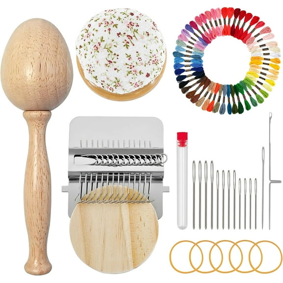 Mini Darning Loom,Egg Knit Patch Kit with 14 Hooks Small Weaving Loom 14 Pcs Large Eye Needles 50 Color Threads for Handcraft DIY Weaving Repair Tool for Beginners