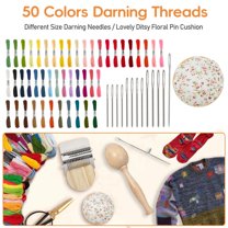 Mini Darning Loom, Egg Knit Patch Kit, Diy Weaving Repair Tool with14 Hooks Small Weaving Loom 14 Pcs Large Eye Needles 50 Color Threads, for Beginners Mending Jeans Socks Clothes (Egg)