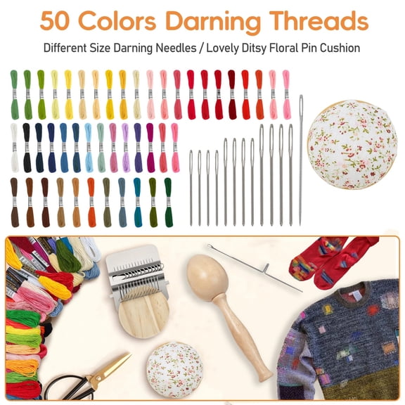 Mini Darning Loom, Egg Knit Patch Kit, Diy Weaving Repair Tool with14 Hooks Small Weaving Loom 14 Pcs Large Eye Needles 50 Color Threads, for Beginners Mending Jeans Socks Clothes (Egg)