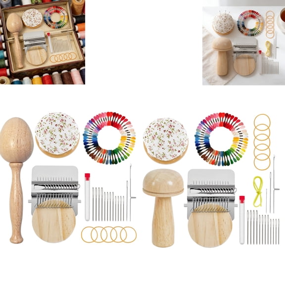 Mini Darning Loom,Mushroom Kit with 28 Hooks Small Weaving Loom 28 Pcs Large Eye Needles 50 Colors Darning Thread for Diy Handicraft Home Sewing Care (Mushroom+Egg)